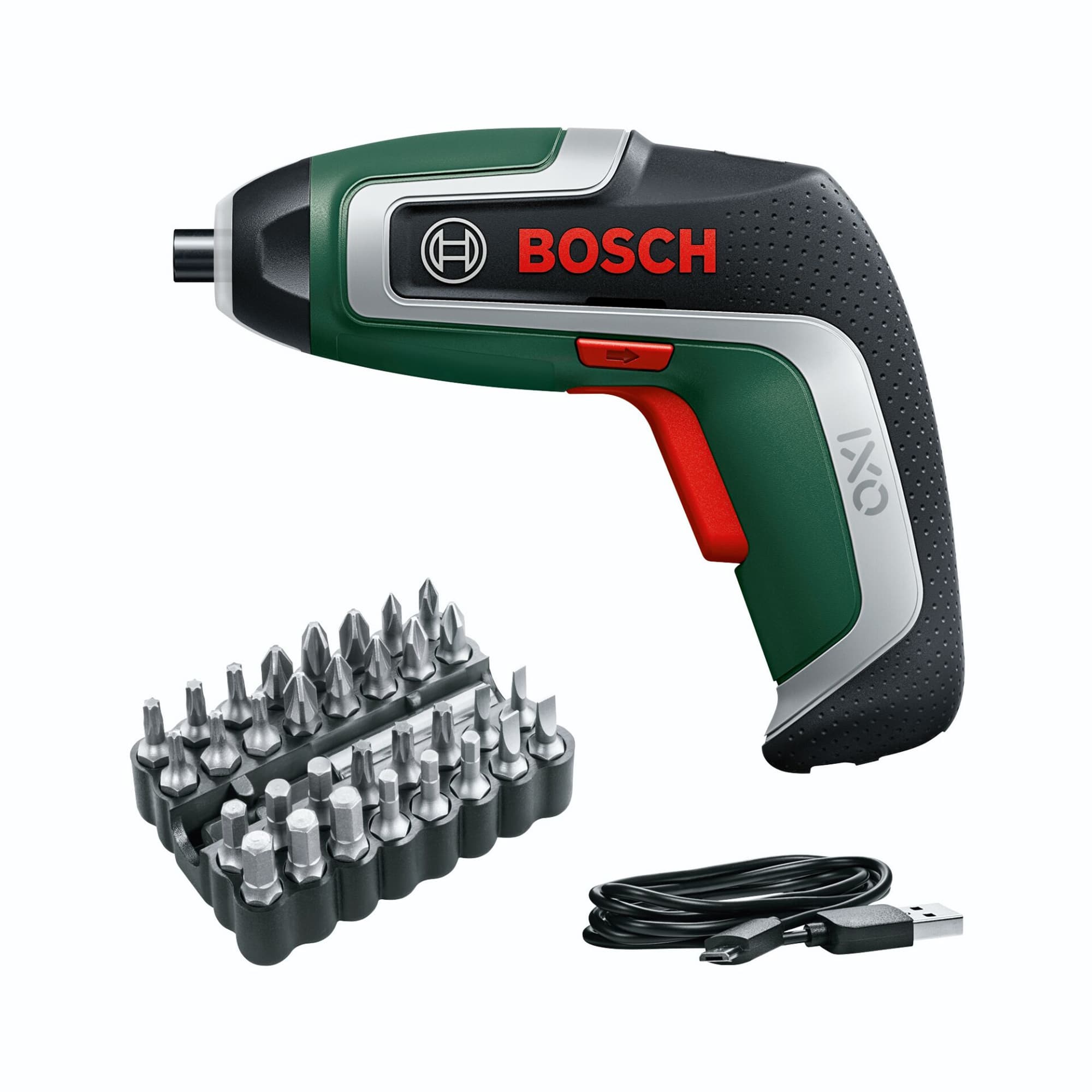 Bosch IXO 7 avec jeu d'embouts de 32 pièces dans un coffret, avec câble de chargement USB, sans alimentation USB