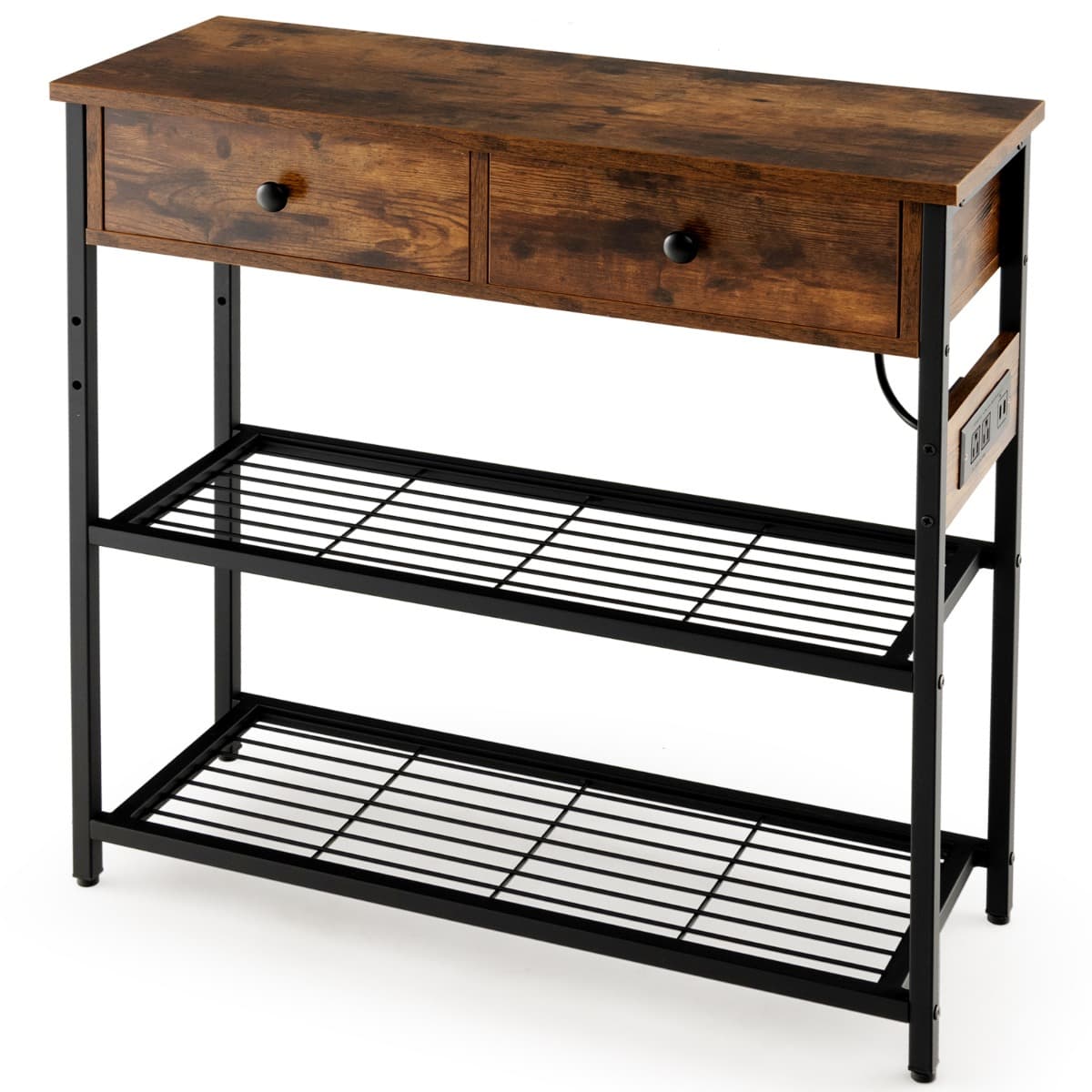 Table d'Entrée avec Station de Chargement Console Étroite avec 2 Tiroirs & 2 Étagères en Treillis Mé