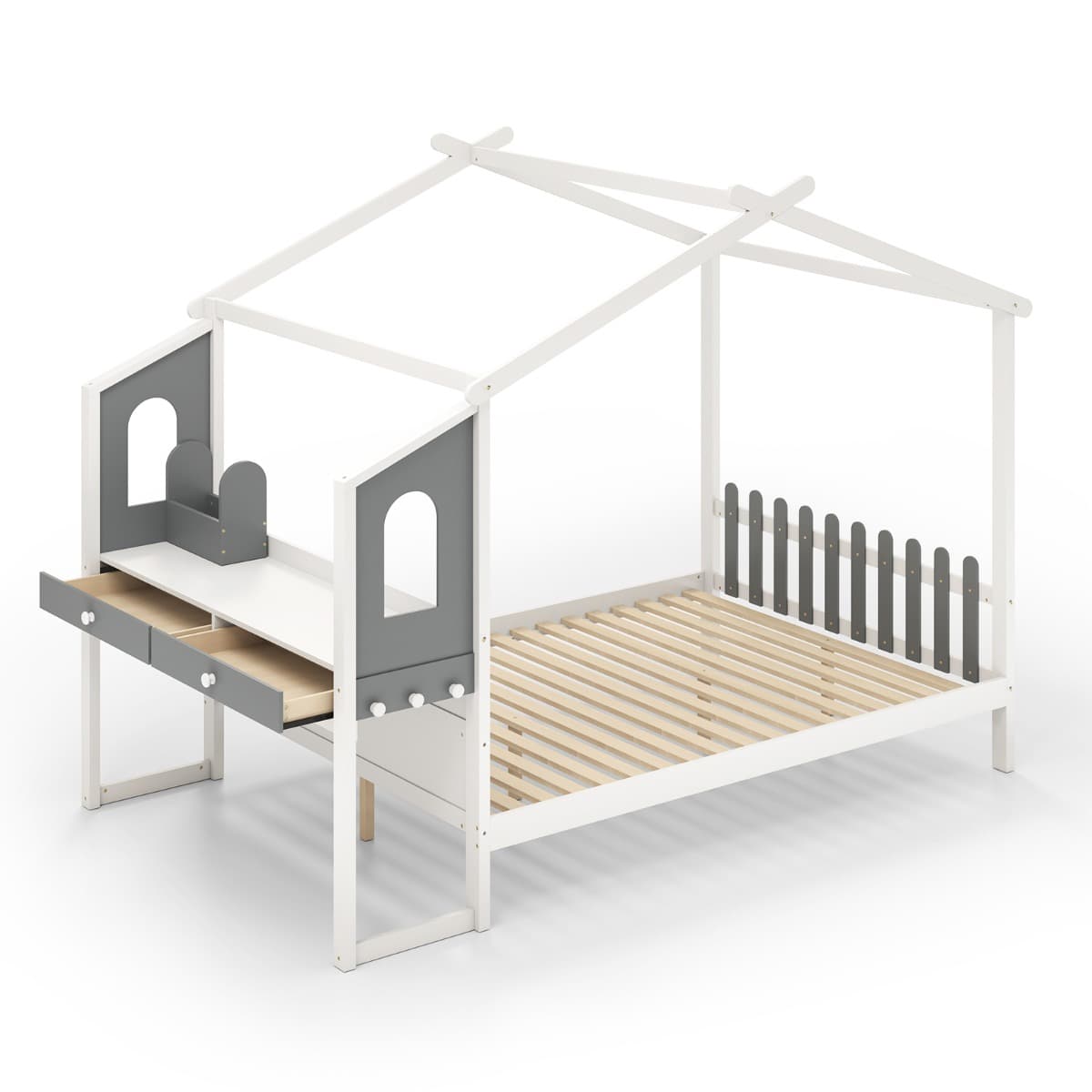 CostwayLit Maison Double avec Bureau Lit Plateforme en Bois avec Tête de Lit en Forme de Clôture et toit Capacité de charge 320 kg 201x141cm Blanc &