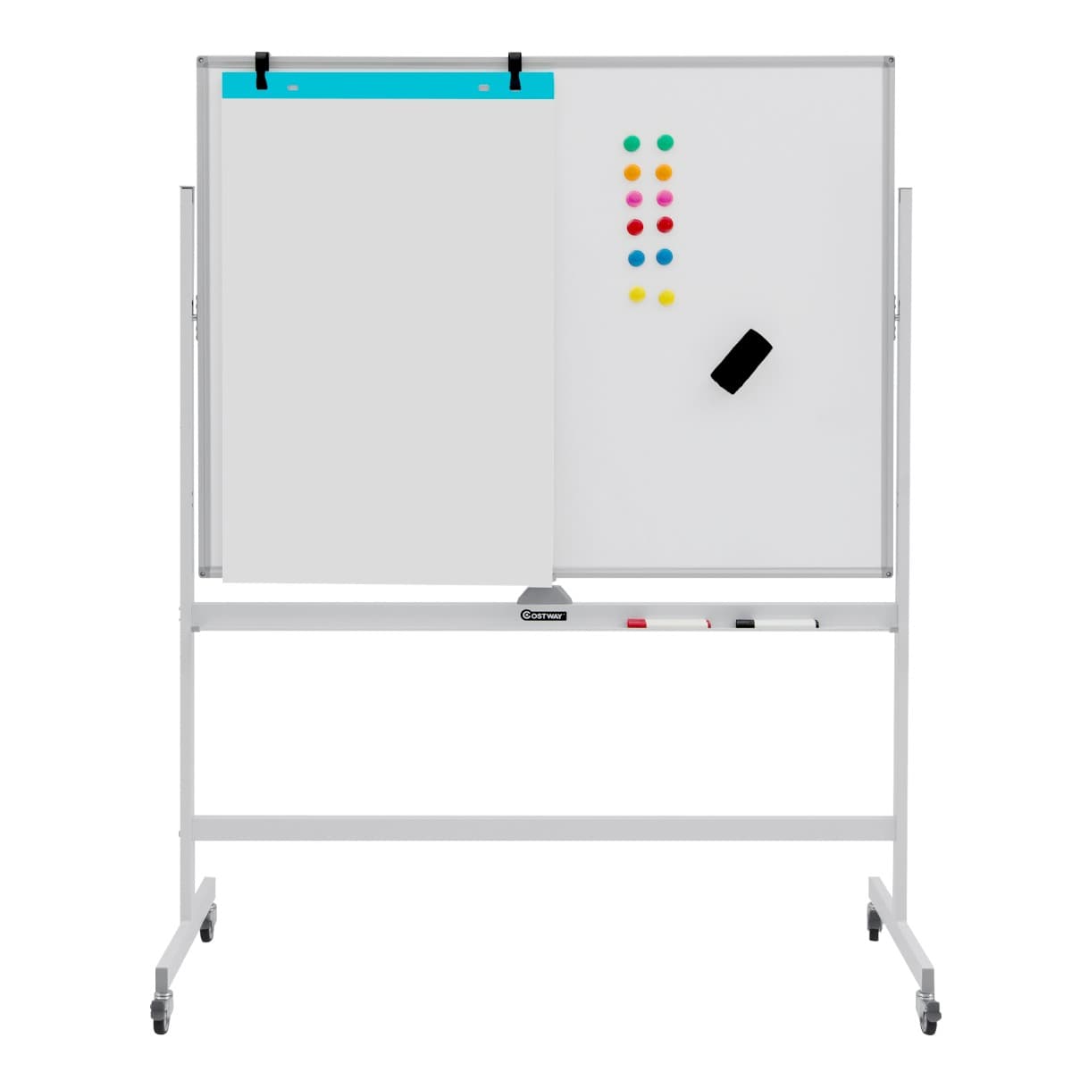 Tableau Blanc Magnétique Double Face sur Pied Réversible à 360° 120 x 90 CM avec Roulettes et Struct