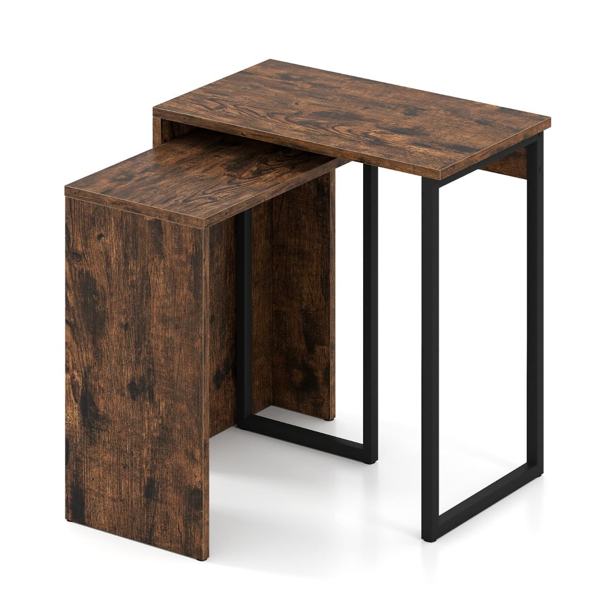 CostwayEnsemble de 2 Tables Basses Gigognes Table d'Appoint avec Plateau en Faux Bois Cadres Métalliques Table de Nuit Rectangulaire Brun Rustique