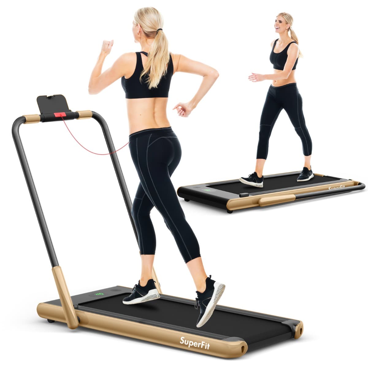 CostwayTapis de Course Pliable 2 en 1 Tapis Roulant Électrique Motorisé 1-12 KM/H avec Télécommande Écran LED Or