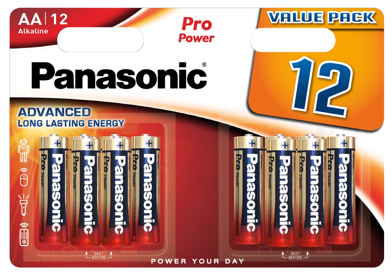 Lot de 12 piles AA Panasonic Pro Power, idéales pour les appareils à consommation d'énergie moyenne et élevée