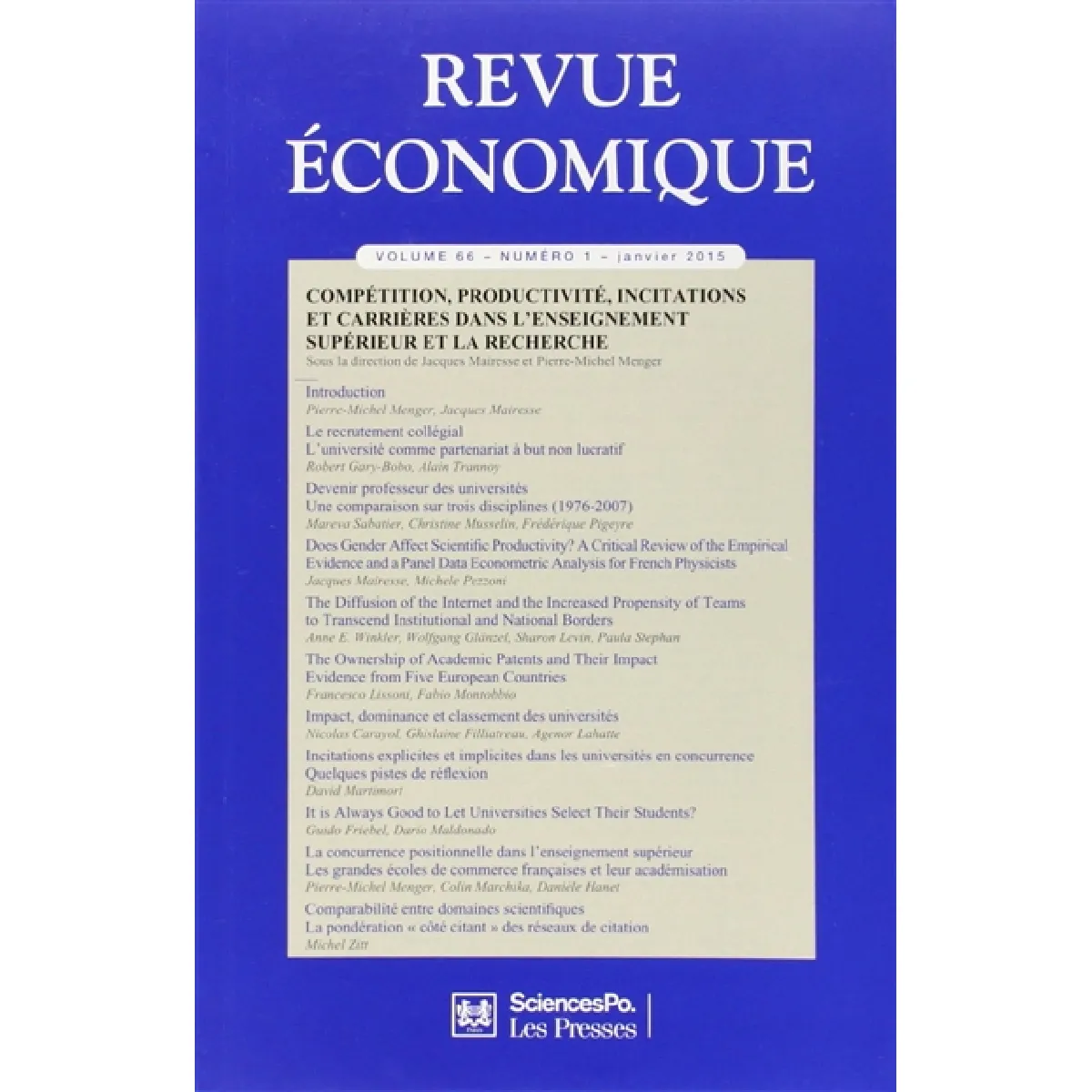 Revue économique, n° 66-1. Compétition, productivité, incitations et carrières dans l'enseignement supérieur et la recherche