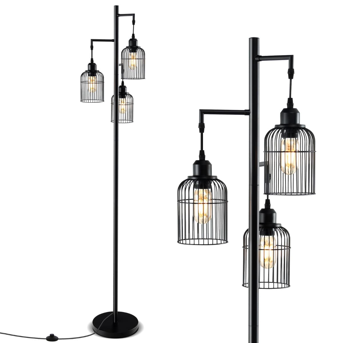 CostwayLampadaire Moderne Lampadaire Industriel 169 CM 3 Abat-jours en Forme de Cage Interrupteur au Pied Base Robuste Lampadaire Haut Noir